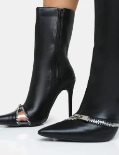 Fashion Pitstop Pu Zip Detail Pointed Toe Stiletto Heel Ankle Boots High Heels | Heeled Boots