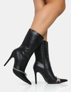 Fashion Pitstop Pu Zip Detail Pointed Toe Stiletto Heel Ankle Boots High Heels | Heeled Boots