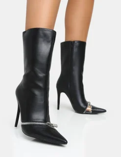 Fashion Pitstop Pu Zip Detail Pointed Toe Stiletto Heel Ankle Boots High Heels | Heeled Boots