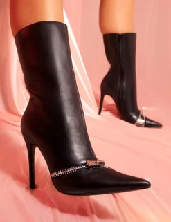 Fashion Pitstop Pu Zip Detail Pointed Toe Stiletto Heel Ankle Boots High Heels | Heeled Boots