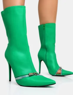 Cheap Pitstop Green Pu Zip Detail Pointed Toe Stiletto Heel Ankle Boots High Heels | Heeled Boots