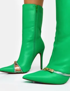 Cheap Pitstop Green Pu Zip Detail Pointed Toe Stiletto Heel Ankle Boots High Heels | Heeled Boots
