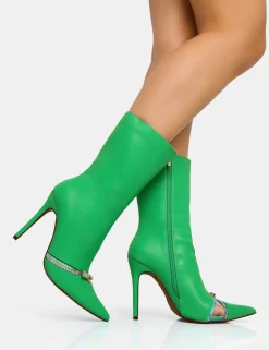 Cheap Pitstop Green Pu Zip Detail Pointed Toe Stiletto Heel Ankle Boots High Heels | Heeled Boots