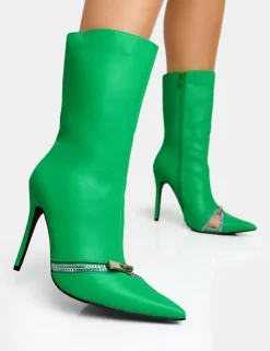 Cheap Pitstop Green Pu Zip Detail Pointed Toe Stiletto Heel Ankle Boots High Heels | Heeled Boots