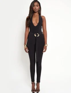 Online Plunge Neck Belted Slinky Jumpsuit Sculpt & Leisure | Kaiia The Label