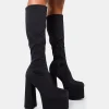 New Polished Black Nylon Platform Rounded Block Heeled Knee High Boots Square Toe Heels | Platform Heels