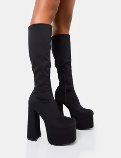 New Polished Black Nylon Platform Rounded Block Heeled Knee High Boots Square Toe Heels | Platform Heels