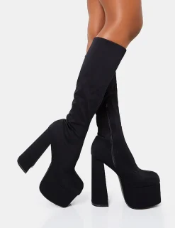 New Polished Black Nylon Platform Rounded Block Heeled Knee High Boots Square Toe Heels | Platform Heels