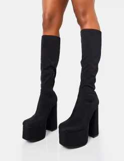 New Polished Black Nylon Platform Rounded Block Heeled Knee High Boots Square Toe Heels | Platform Heels