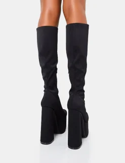 New Polished Black Nylon Platform Rounded Block Heeled Knee High Boots Square Toe Heels | Platform Heels