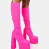 Clearance Polished Hot Nylon Platform Rounded Block Heeled Knee High Boots Square Toe Heels | Platform Heels
