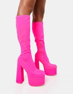 Clearance Polished Hot Nylon Platform Rounded Block Heeled Knee High Boots Square Toe Heels | Platform Heels