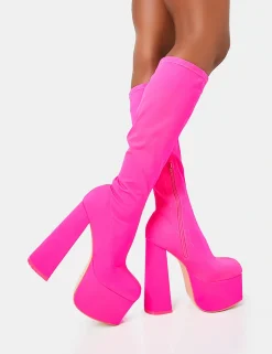Clearance Polished Hot Nylon Platform Rounded Block Heeled Knee High Boots Square Toe Heels | Platform Heels