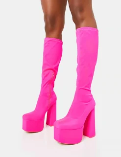 Clearance Polished Hot Nylon Platform Rounded Block Heeled Knee High Boots Square Toe Heels | Platform Heels