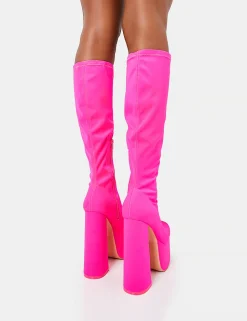 Clearance Polished Hot Nylon Platform Rounded Block Heeled Knee High Boots Square Toe Heels | Platform Heels