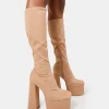 New Polished Taupe Nylon Platform Rounded Block Heeled Knee High Boots Square Toe Heels | Platform Heels