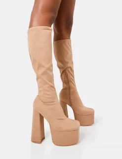 New Polished Taupe Nylon Platform Rounded Block Heeled Knee High Boots Square Toe Heels | Platform Heels