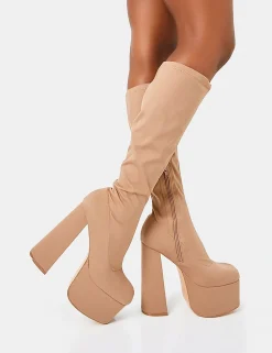 New Polished Taupe Nylon Platform Rounded Block Heeled Knee High Boots Square Toe Heels | Platform Heels