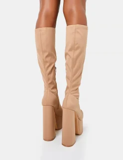 New Polished Taupe Nylon Platform Rounded Block Heeled Knee High Boots Square Toe Heels | Platform Heels