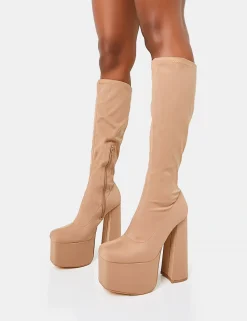 New Polished Taupe Nylon Platform Rounded Block Heeled Knee High Boots Square Toe Heels | Platform Heels