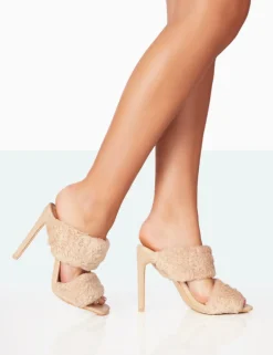 Best Sale Poodle Beige Faux Fur Stiletto Mule Heels Mules | High Heels