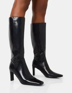 Online Pose Textured Pu Zip Up Knee High Slim Block Heeled Boots Block Heels | Heeled Boots