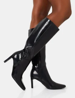Online Pose Textured Pu Zip Up Knee High Slim Block Heeled Boots Block Heels | Heeled Boots