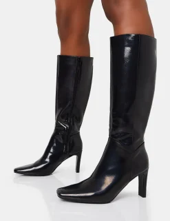 Online Pose Textured Pu Zip Up Knee High Slim Block Heeled Boots Block Heels | Heeled Boots