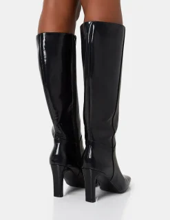 Online Pose Textured Pu Zip Up Knee High Slim Block Heeled Boots Block Heels | Heeled Boots