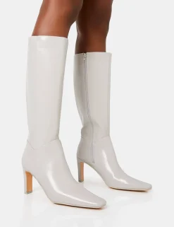 Cheap Pose Textured Patent Pu Zip Up Knee High Slim Block Heeled Boots Block Heels | Heeled Boots