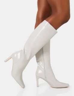 Cheap Pose Textured Patent Pu Zip Up Knee High Slim Block Heeled Boots Block Heels | Heeled Boots