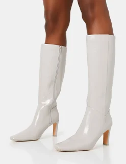 Cheap Pose Textured Patent Pu Zip Up Knee High Slim Block Heeled Boots Block Heels | Heeled Boots