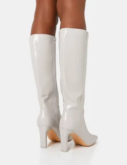 Cheap Pose Textured Patent Pu Zip Up Knee High Slim Block Heeled Boots Block Heels | Heeled Boots