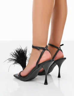 Best Sale Prancy PU Feather Square Toe Heels 4" Heels | Square Toe Heels