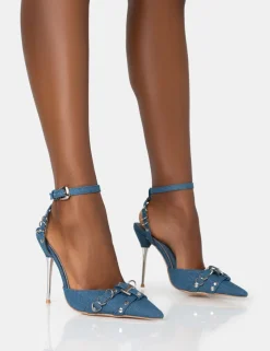 Flash Sale Prowl Denim Strappy Metal Detailed Slingback Court Stiletto Heels Strappy Heels | Court Heels