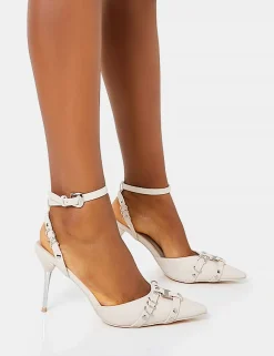 Shop Prowl Cream Pu Strappy Metal Detailed Slingback Wrap Around the Ankle Pointed Court Stiletto Heels Strappy Heels | High Heels