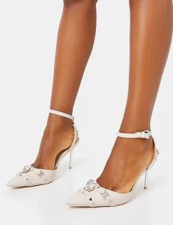 Shop Prowl Cream Pu Strappy Metal Detailed Slingback Wrap Around the Ankle Pointed Court Stiletto Heels Strappy Heels | High Heels