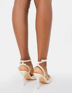Shop Prowl Cream Pu Strappy Metal Detailed Slingback Wrap Around the Ankle Pointed Court Stiletto Heels Strappy Heels | High Heels
