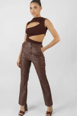 Best Pu Seam Front Split Detail Trousers Chocolate Sculpt & Leisure | Kaiia The Label