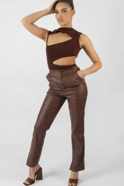 Best Pu Seam Front Split Detail Trousers Chocolate Sculpt & Leisure | Kaiia The Label