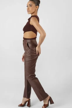 Best Pu Seam Front Split Detail Trousers Chocolate Sculpt & Leisure | Kaiia The Label