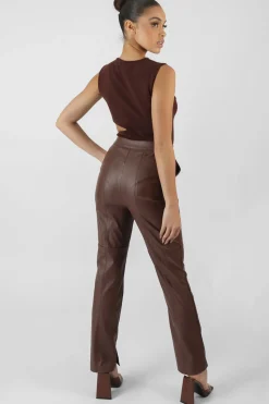 Best Pu Seam Front Split Detail Trousers Chocolate Sculpt & Leisure | Kaiia The Label