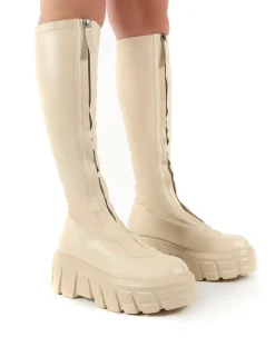 Cheap Quest Ecru Zip Up Chunky Sole Knee High Boots Knee High Boots | Long Boots