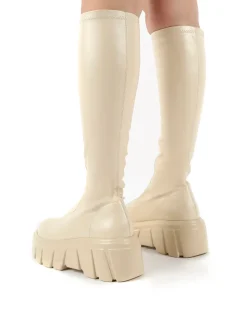 Cheap Quest Ecru Zip Up Chunky Sole Knee High Boots Knee High Boots | Long Boots