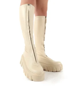 Cheap Quest Ecru Zip Up Chunky Sole Knee High Boots Knee High Boots | Long Boots