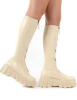 Cheap Quest Ecru Zip Up Chunky Sole Knee High Boots Knee High Boots | Long Boots