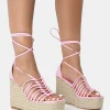 Sale Reece Baby PU Knot Strap Lace Up Raffia Wedge Heels 5" Heels | Pink Heels