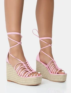 Sale Reece Baby PU Knot Strap Lace Up Raffia Wedge Heels 5" Heels | Pink Heels