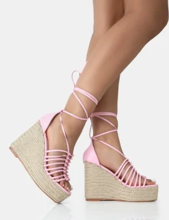 Sale Reece Baby PU Knot Strap Lace Up Raffia Wedge Heels 5" Heels | Pink Heels