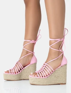 Sale Reece Baby PU Knot Strap Lace Up Raffia Wedge Heels 5